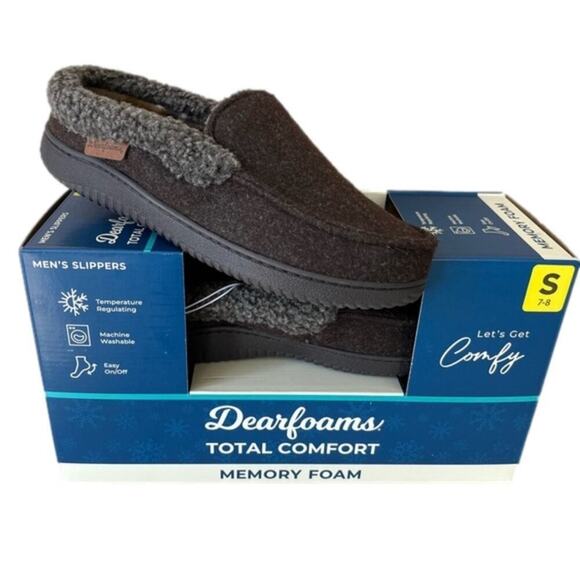 Dearfoam Men’s Slippers Memory Foam Coffee Brown Wool Blend Small NIB - Picture 1 of 12